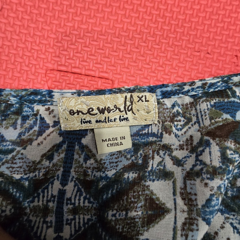 One World Women XL Top Blue Green Geometric Print V-Neck Sheer Boho Peasant... - Picture 4 of 9